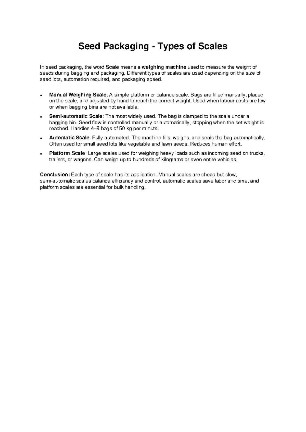 Seed Packaging Scales: Types and Applications in Seed Bagging - Studocu