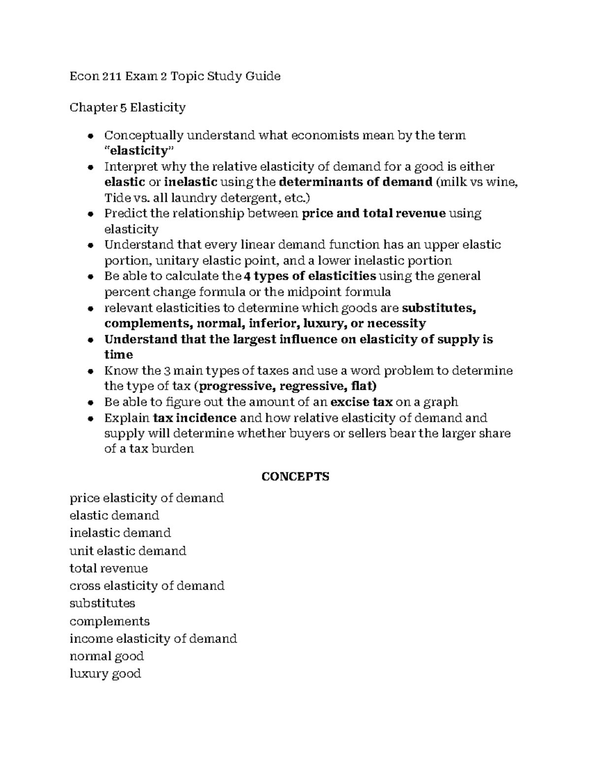 Econ 211 Exam 2 Study Guide: Chapter 5 - Elasticity Concepts - Studocu