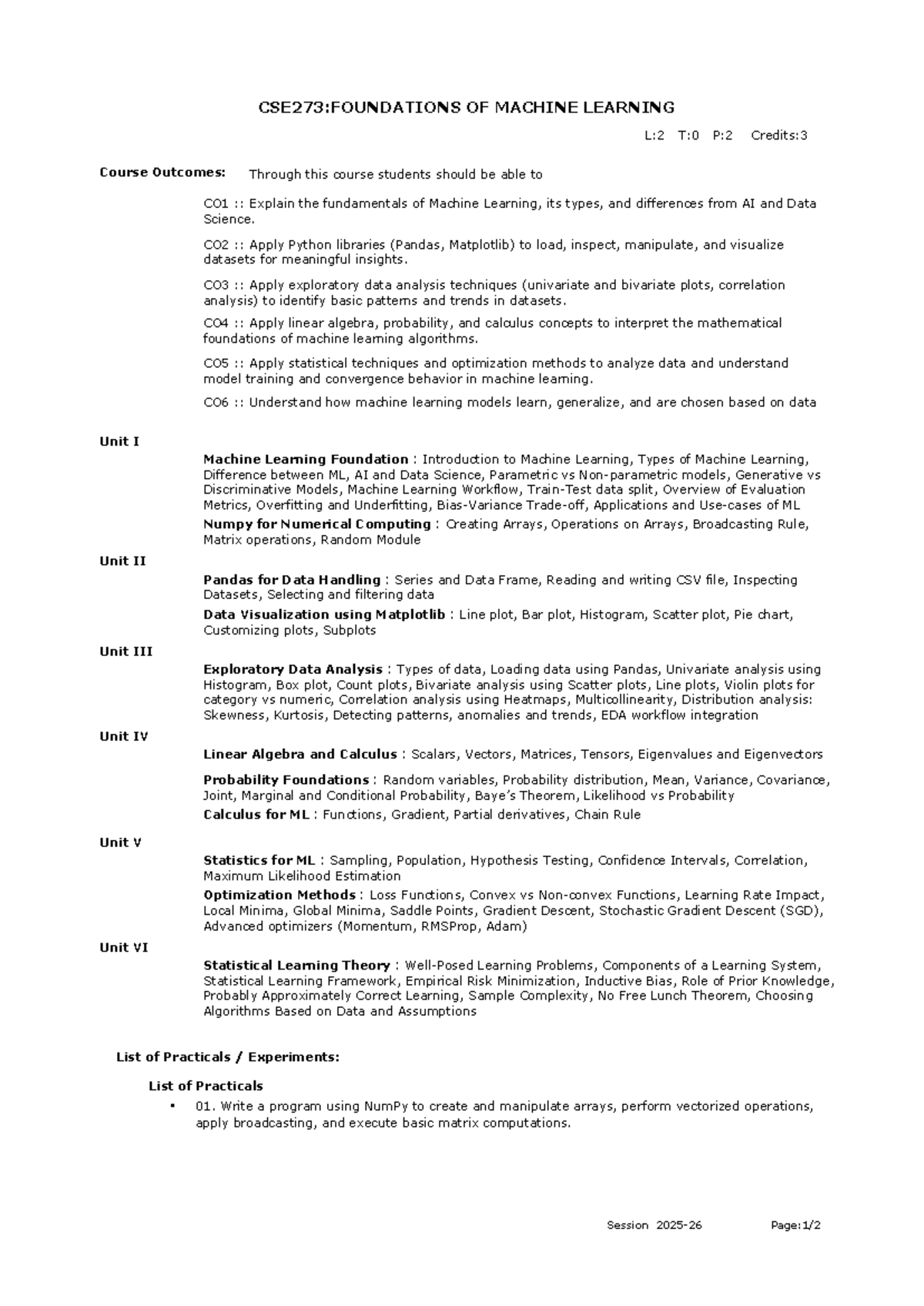 CSE273: Foundations of Machine Learning - Course Outcomes & Key ...