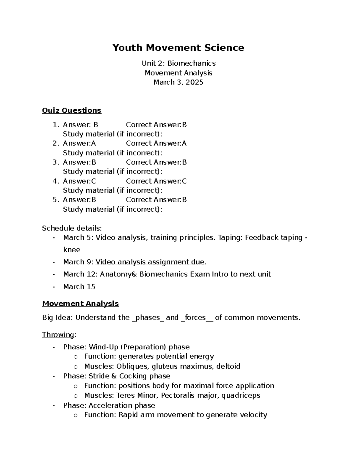 Youth Movement Science: Unit 2 Biomechanics Quiz and Movement Analysis ...