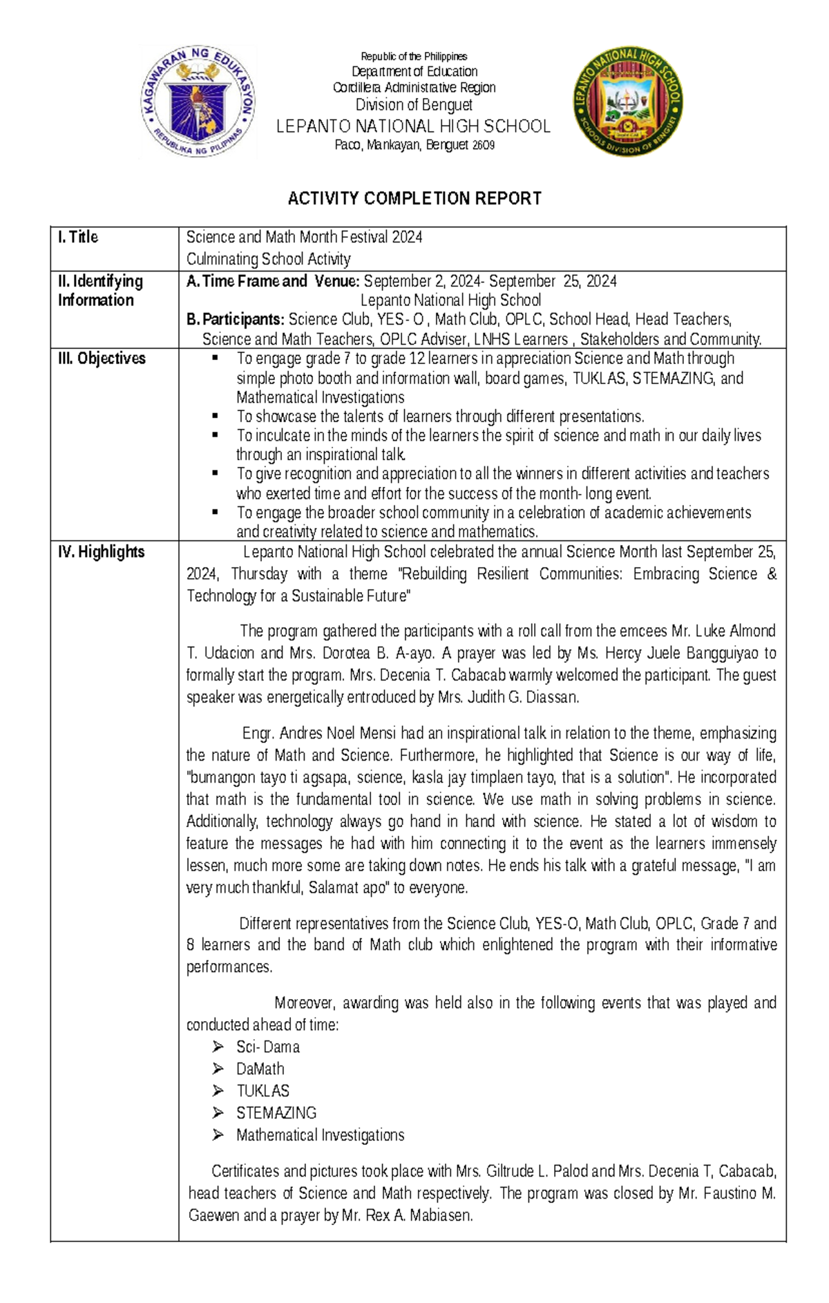 ACR- Science and Math Month Festival 2024 Activity Completion Report ...