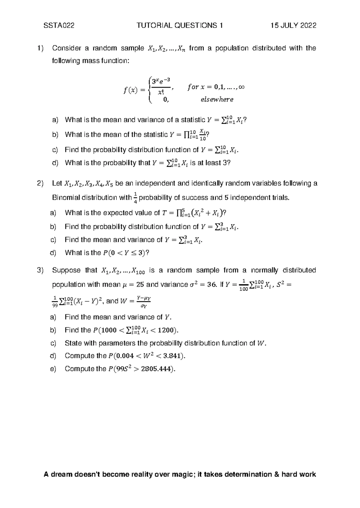 SSTA082 Statistical Inference Exam 2019 Practice Paper - Studocu