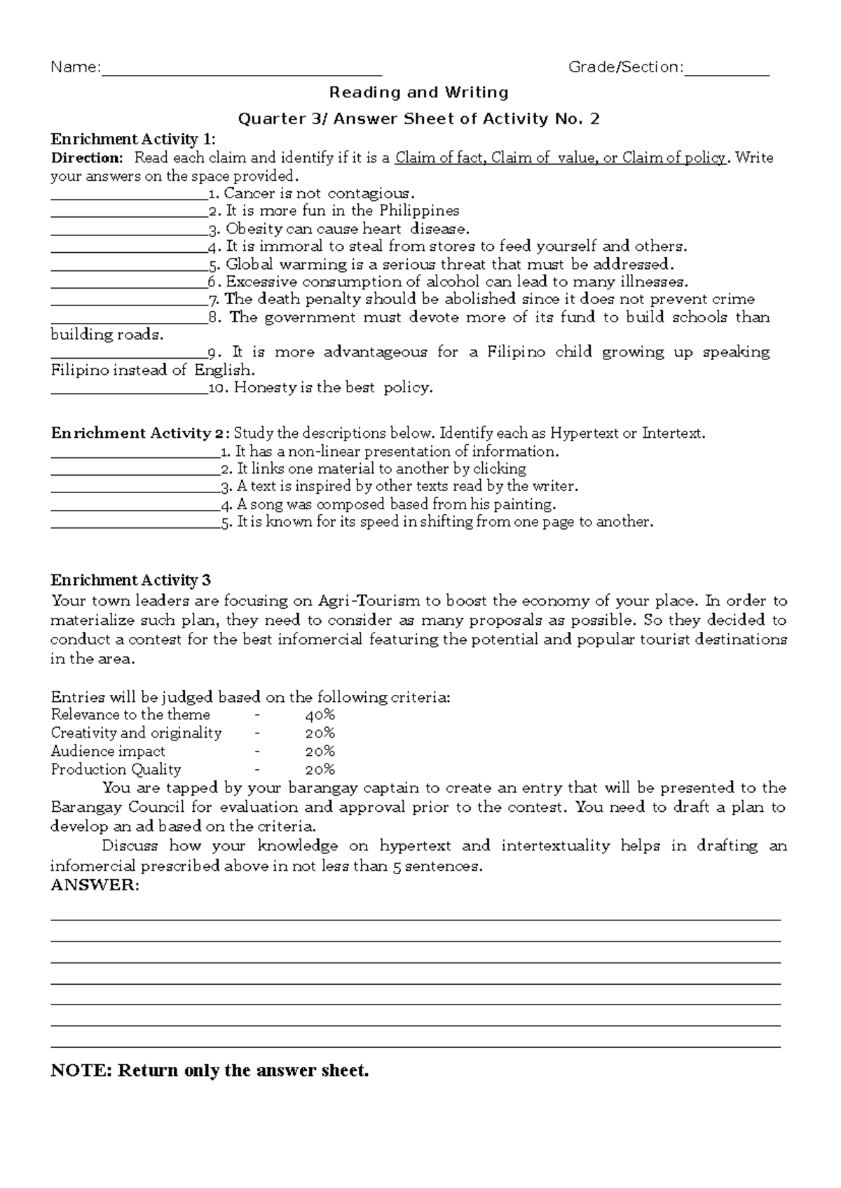 Quarter 1- Activity Sheet 2 in Reading & Writing( Answer Sheet) - - Studocu