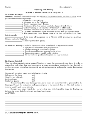 Reading & Writing With answer sheet Activity Sheet No. 1-5 - Grade 11 ...