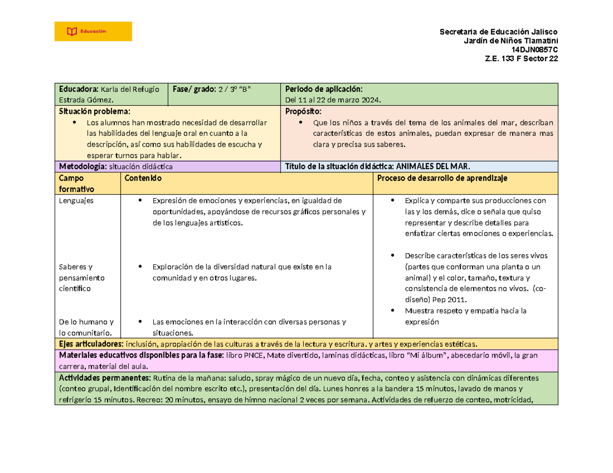Planificación de Actividades: Animales del Mar - 14DJN0857C - Document Preview