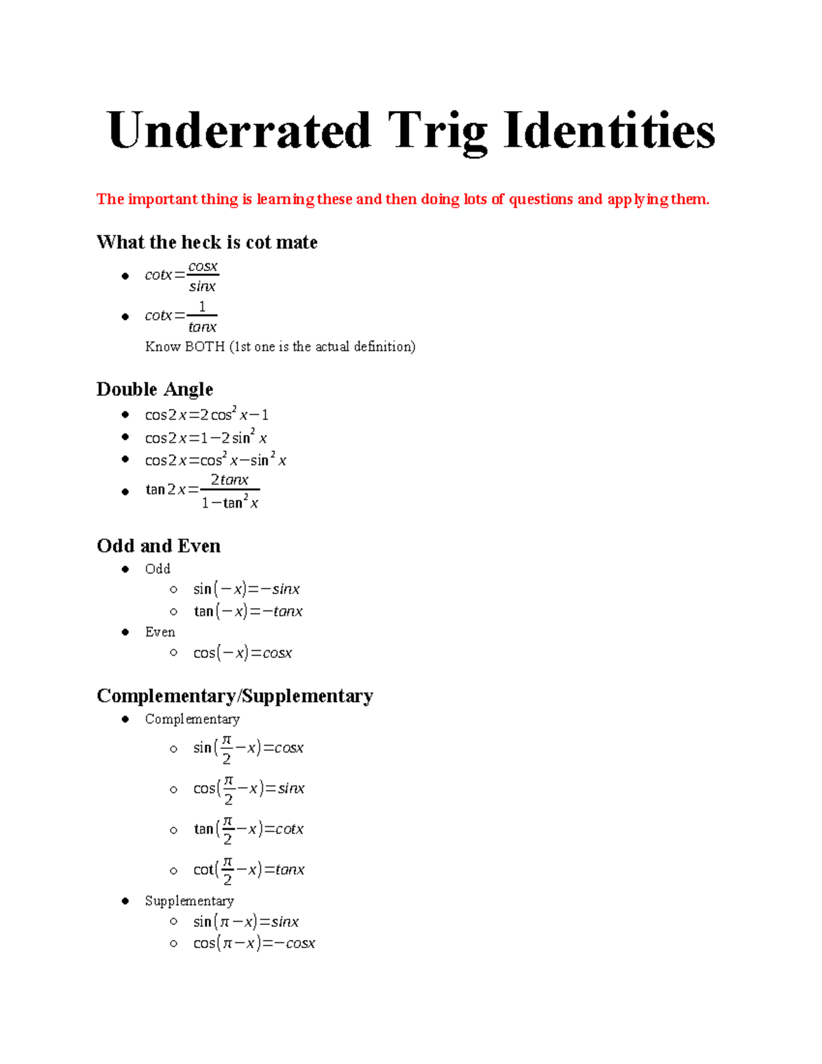 Underrated Trig Identities: Key Concepts and Applications - Studocu