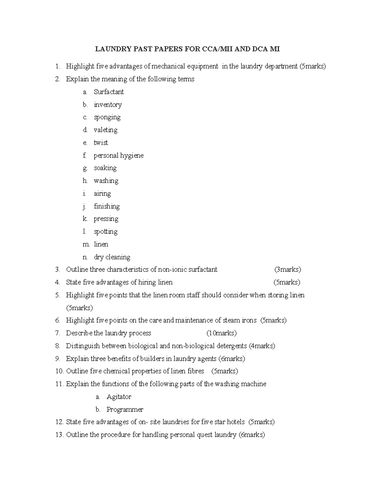 Laundry DCA Past Papers: Key Concepts and Processes Explained - Studocu