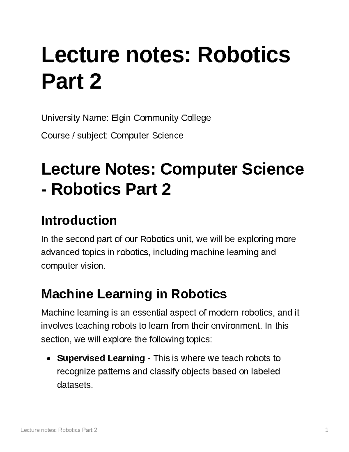 Lecture notes Robotics Part 2 - Lecture notes: Robotics Part 2 ...