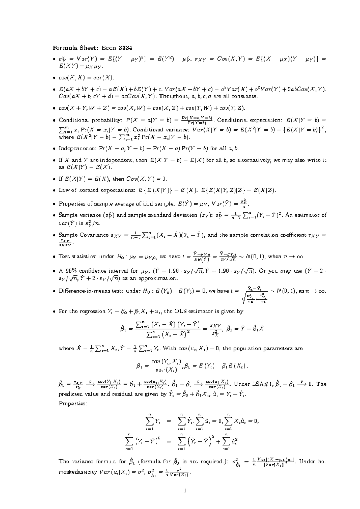 Final Exam Formula Sheet for Econ 3334 (2024) - Studocu