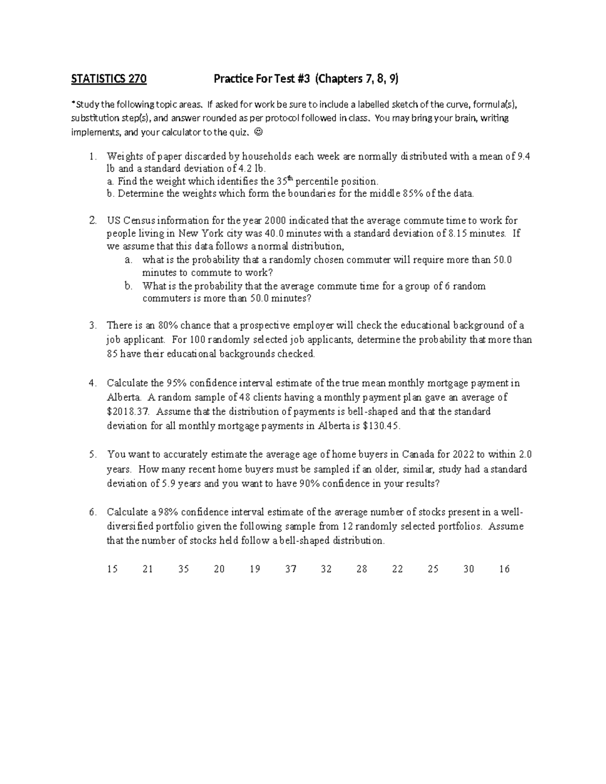 Statistics 270 Practice Questions for Test #3 - Winter 2025 - Studocu