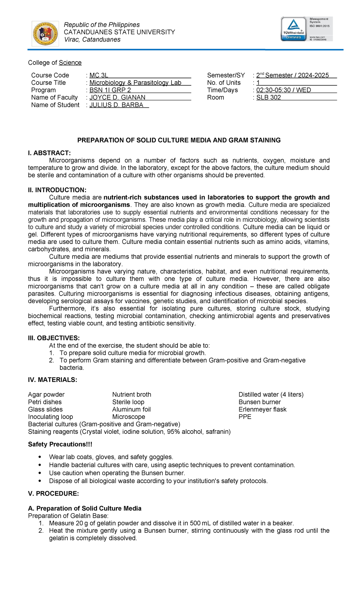 LAB Report- Exercise 4 - For academic purposes only - Republic of the ...