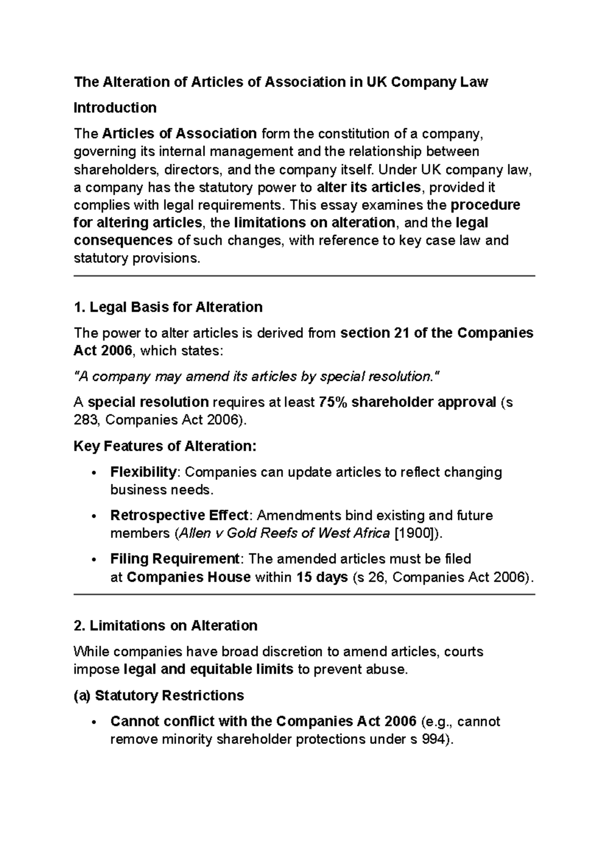 Aoa - articles of association in uk company law: procedures and ...