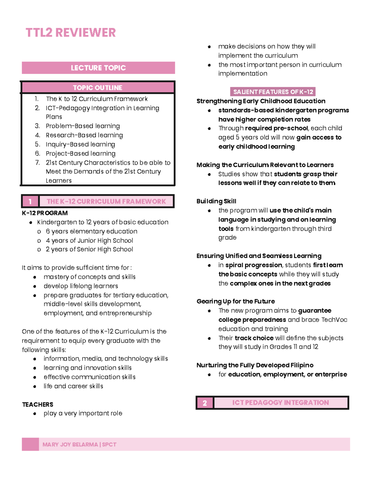 TTL2 reviewer - lecture notes - LECTURE TOPIC TOPIC OUTLINE 1. The K to ...