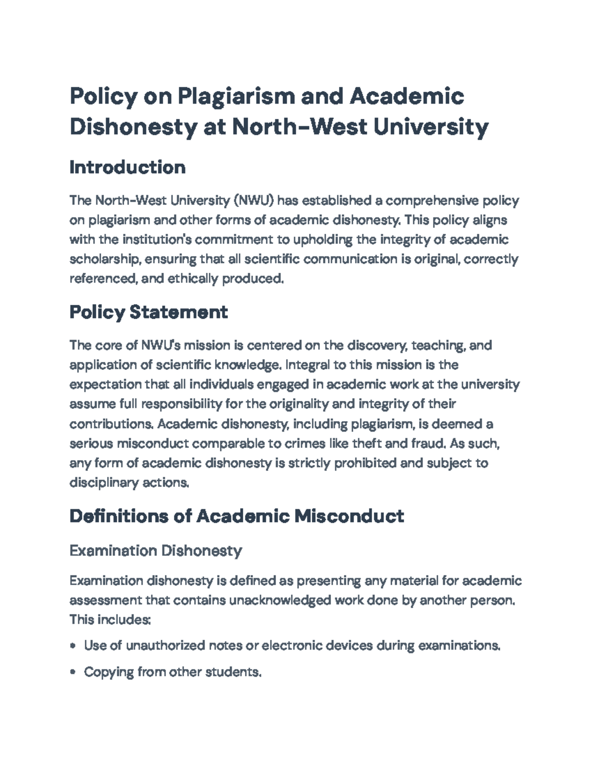 Policy on Plagiarism and Academic Integrity at NWU: Guidelines - Studocu