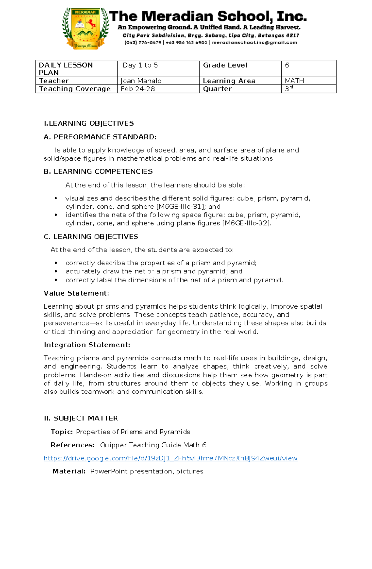 MATH 6 - Daily Lesson Plan on Prisms and Pyramids - Studocu