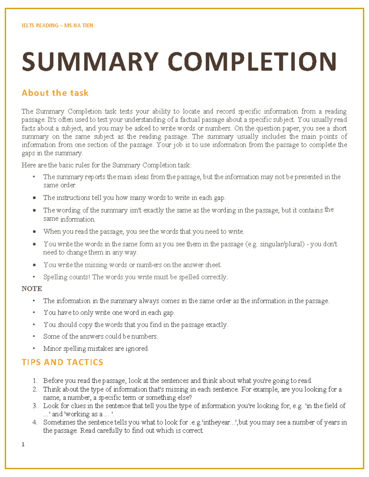 609614162 Reading Task Type 3 2 - SUMMARY COMPLETION About the task The ...