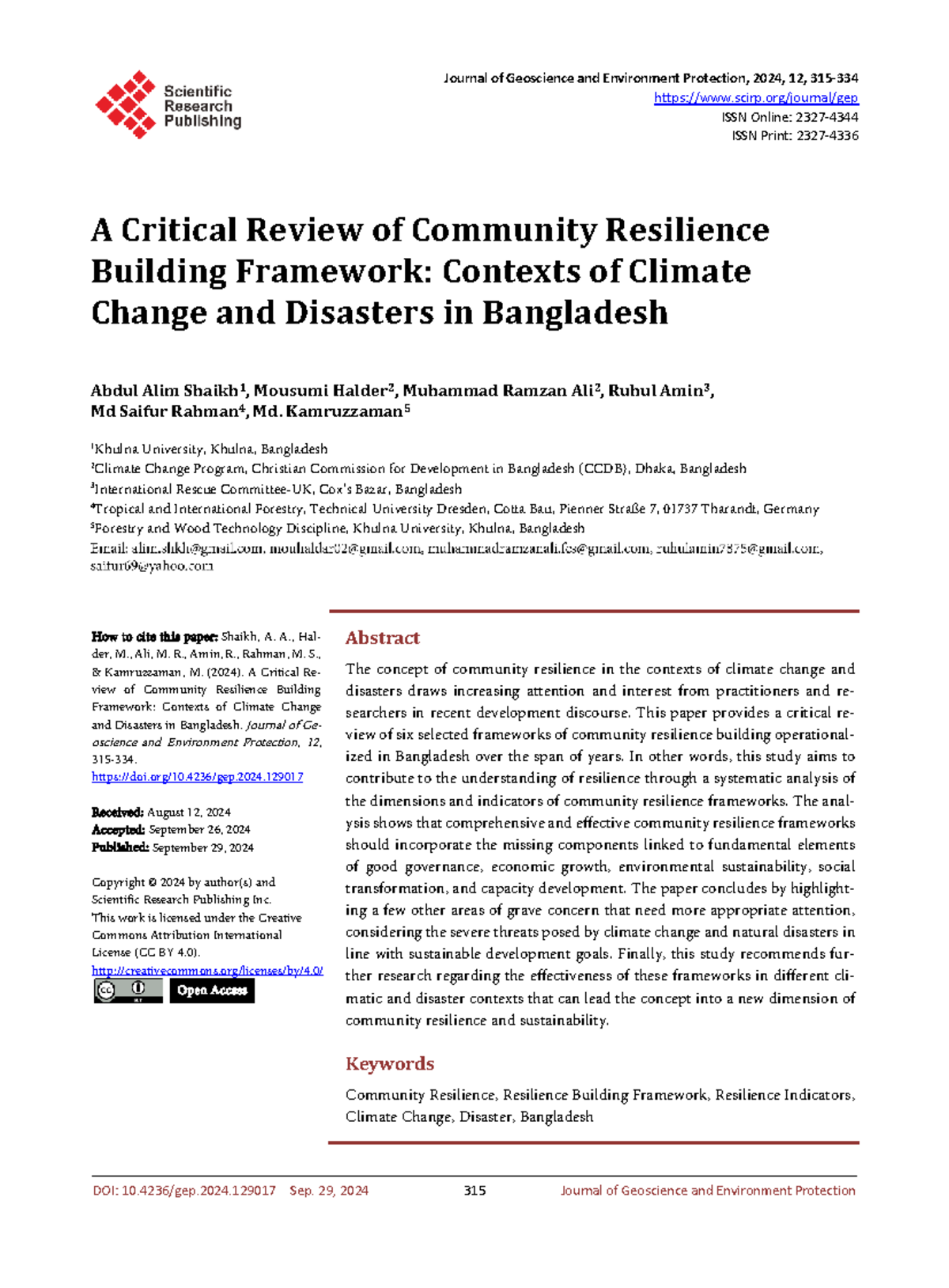 A Critical Review of Community Resilience Frameworks in Bangladesh ...