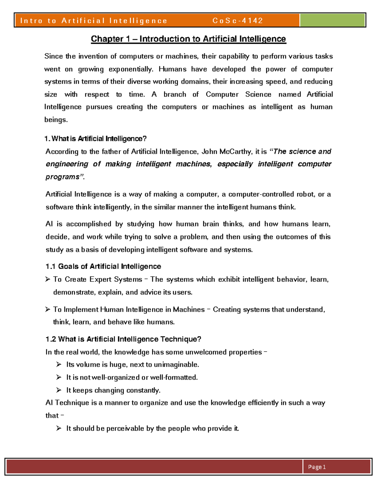 Artificial Intelligence Introductory Notes: CS 101 Overview - Studocu