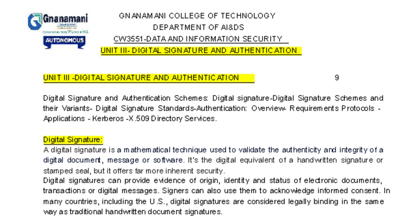 CW3551-DIS-UNIT-3 Digital Signature and Authentication Overview - Studocu