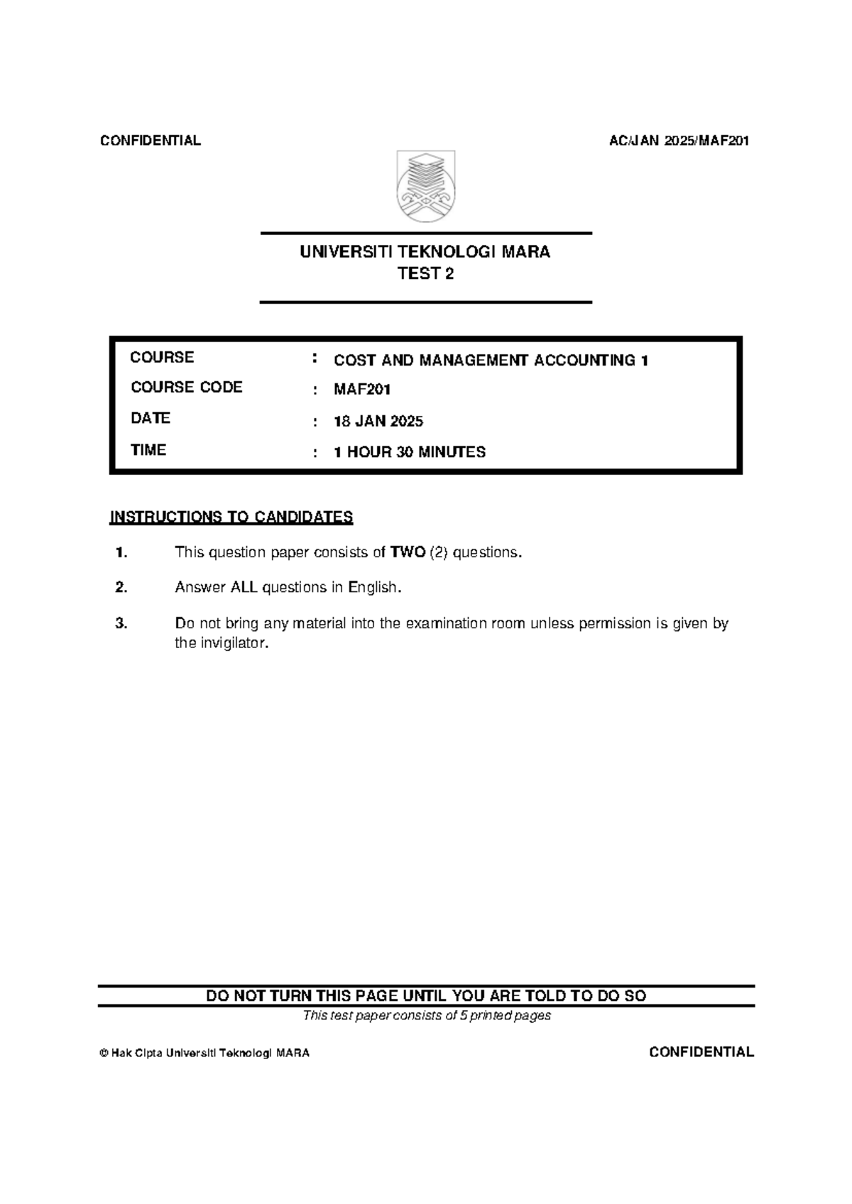 TEST 2 MAF201 Cost & Management Accounting Exam - Jan 2025 - Studocu