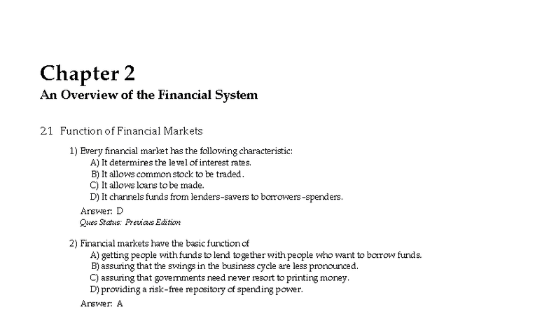 Chapter 2: Overview of the Financial System - MCQs on Financial Markets ...