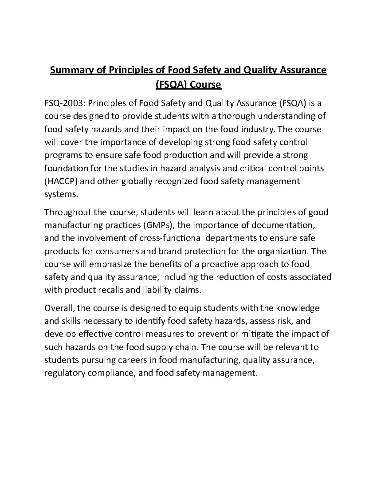 FSQA-2003: Key Principles of Food Safety & Quality Assurance - Studocu