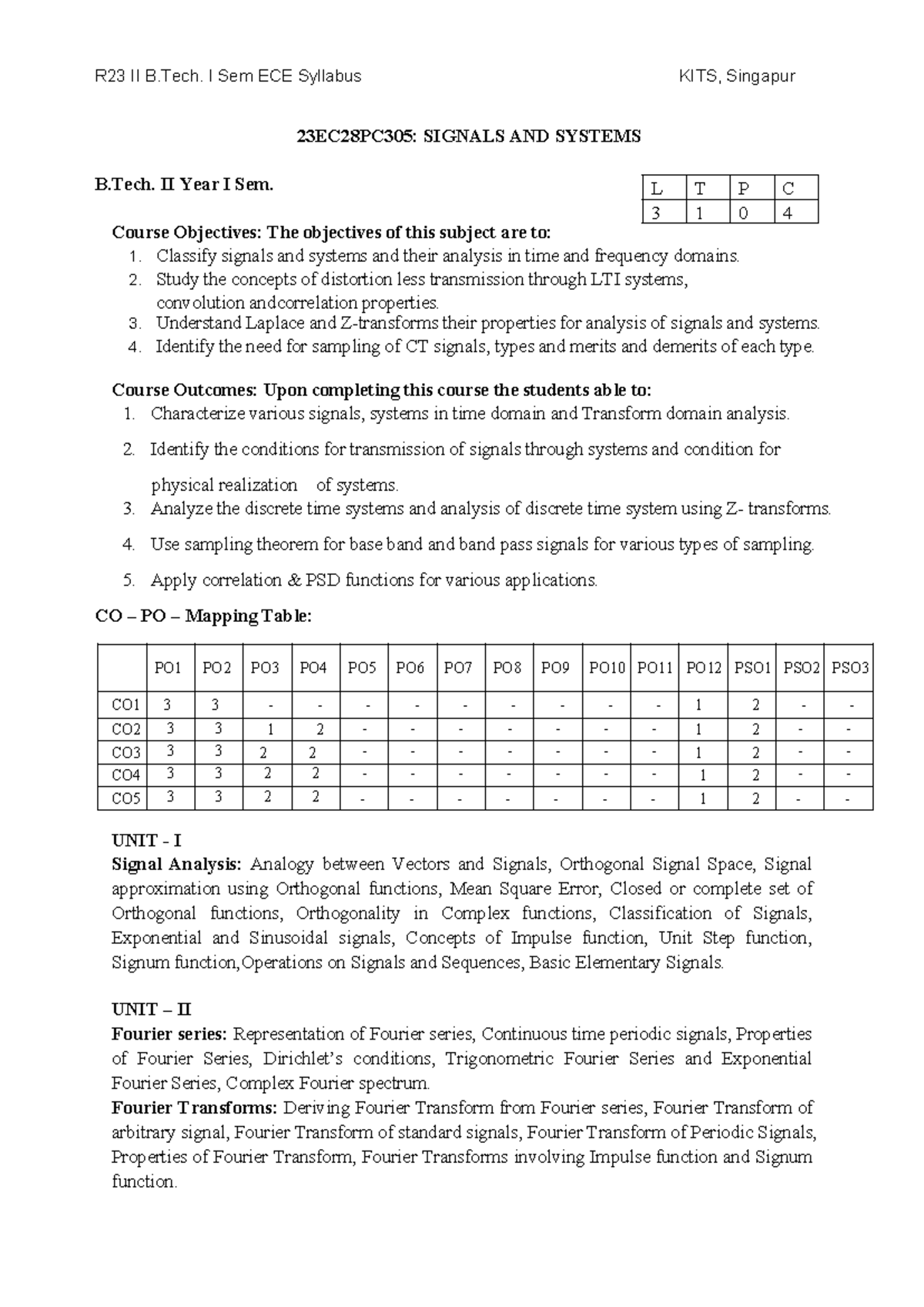 R23 II B.Tech. I Sem ECE Syllabus: Signals and Systems 23EC28PC305 ...