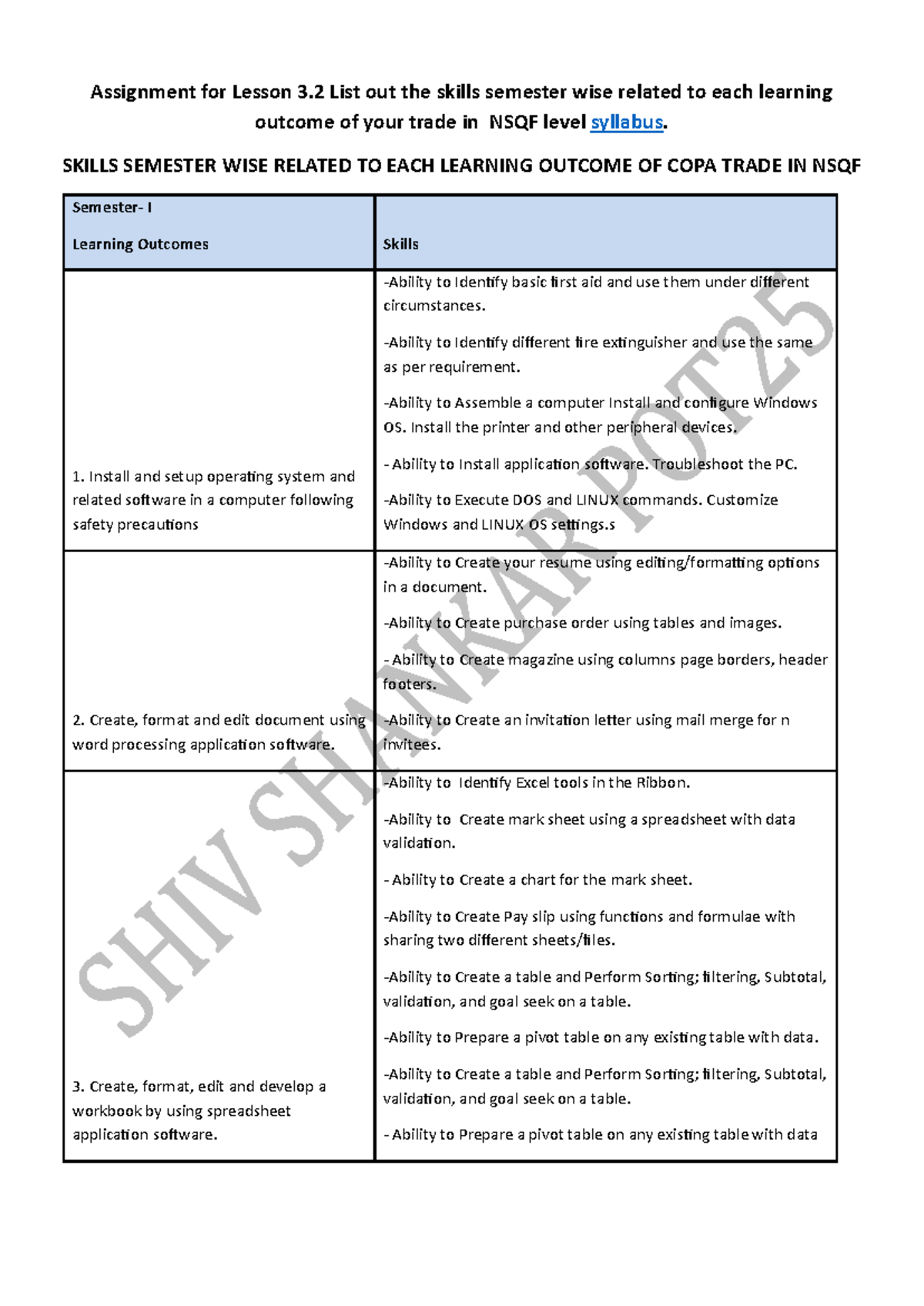 Assignment 3.2: Skills by Semester for COPA Trade Learning Outcomes ...