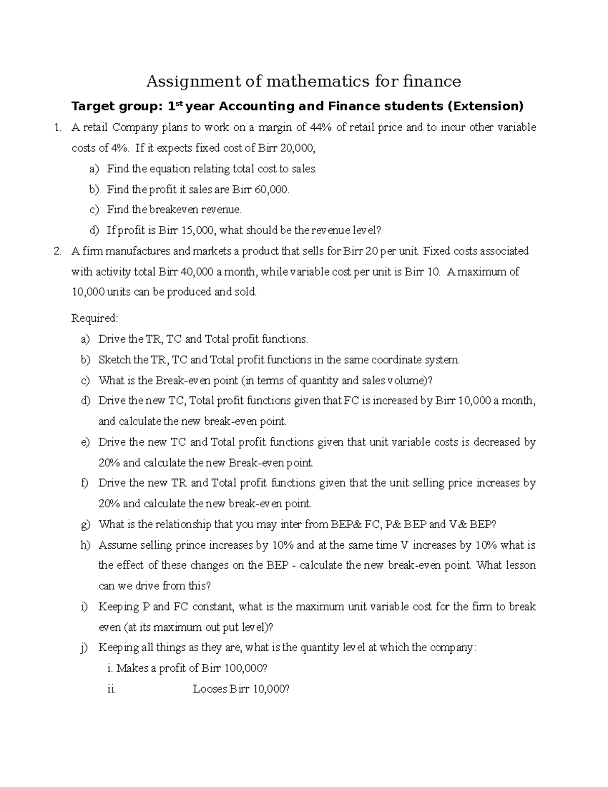 Mathematics for Finance Assignment - Accounting & Finance 1st Year ...