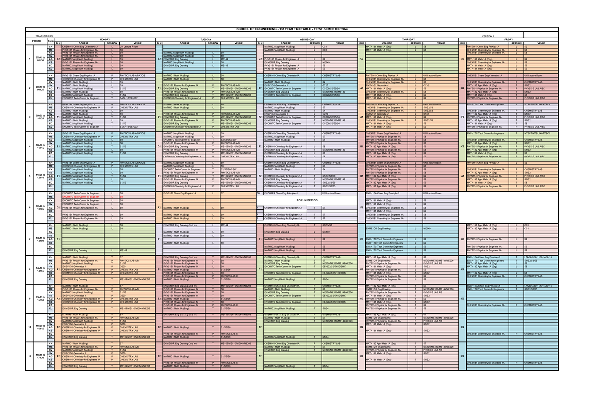1st Year Engineering Timetable - First Semester 2024 - Studocu