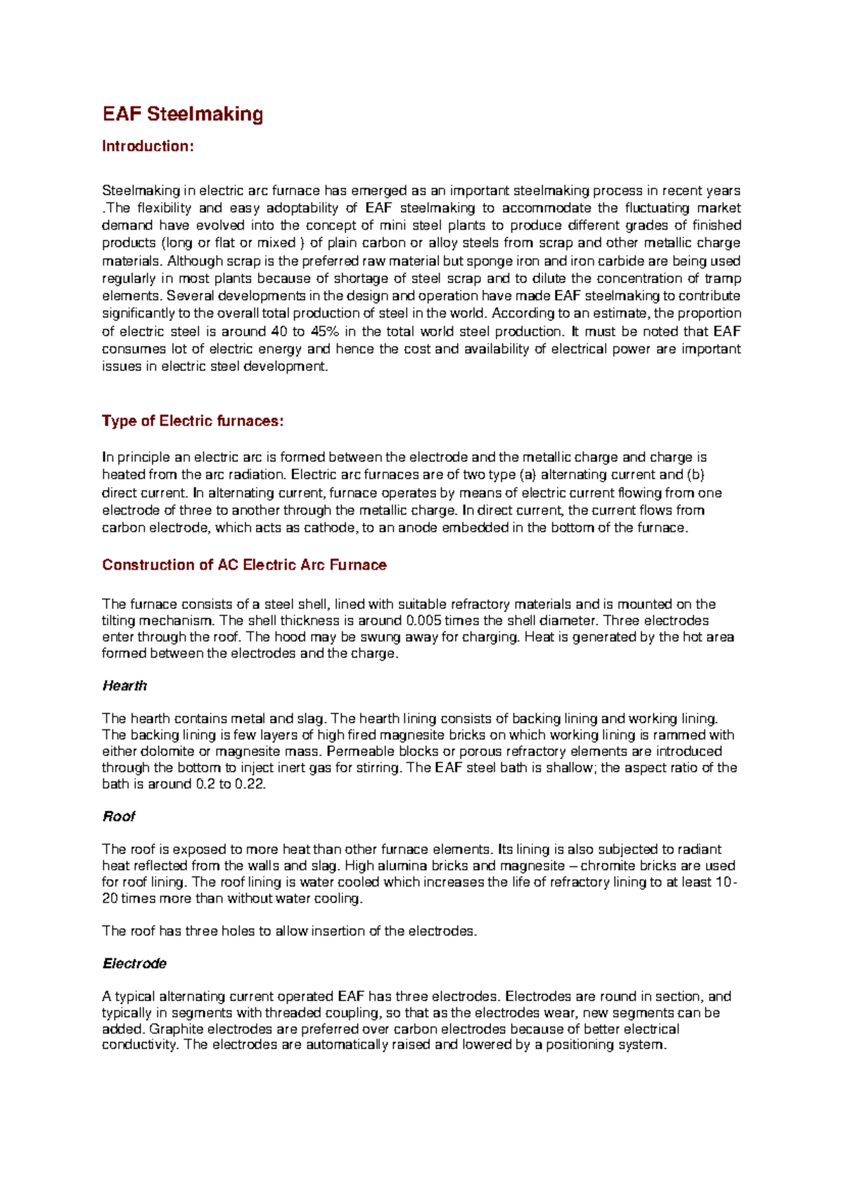EAF Steelmaking Overview: Types, Processes, and Future Trends - Studocu