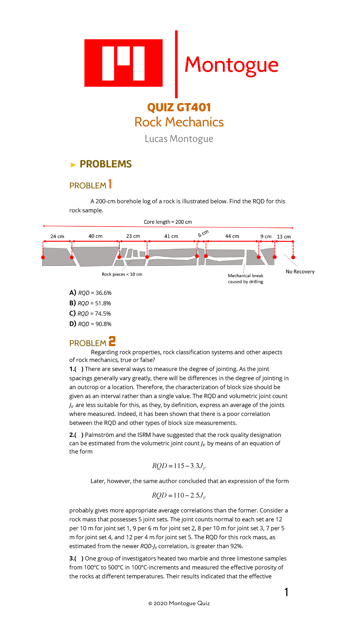 Quiz GT: Rock Mechanics Solved Problems and Practice Questions - Studocu