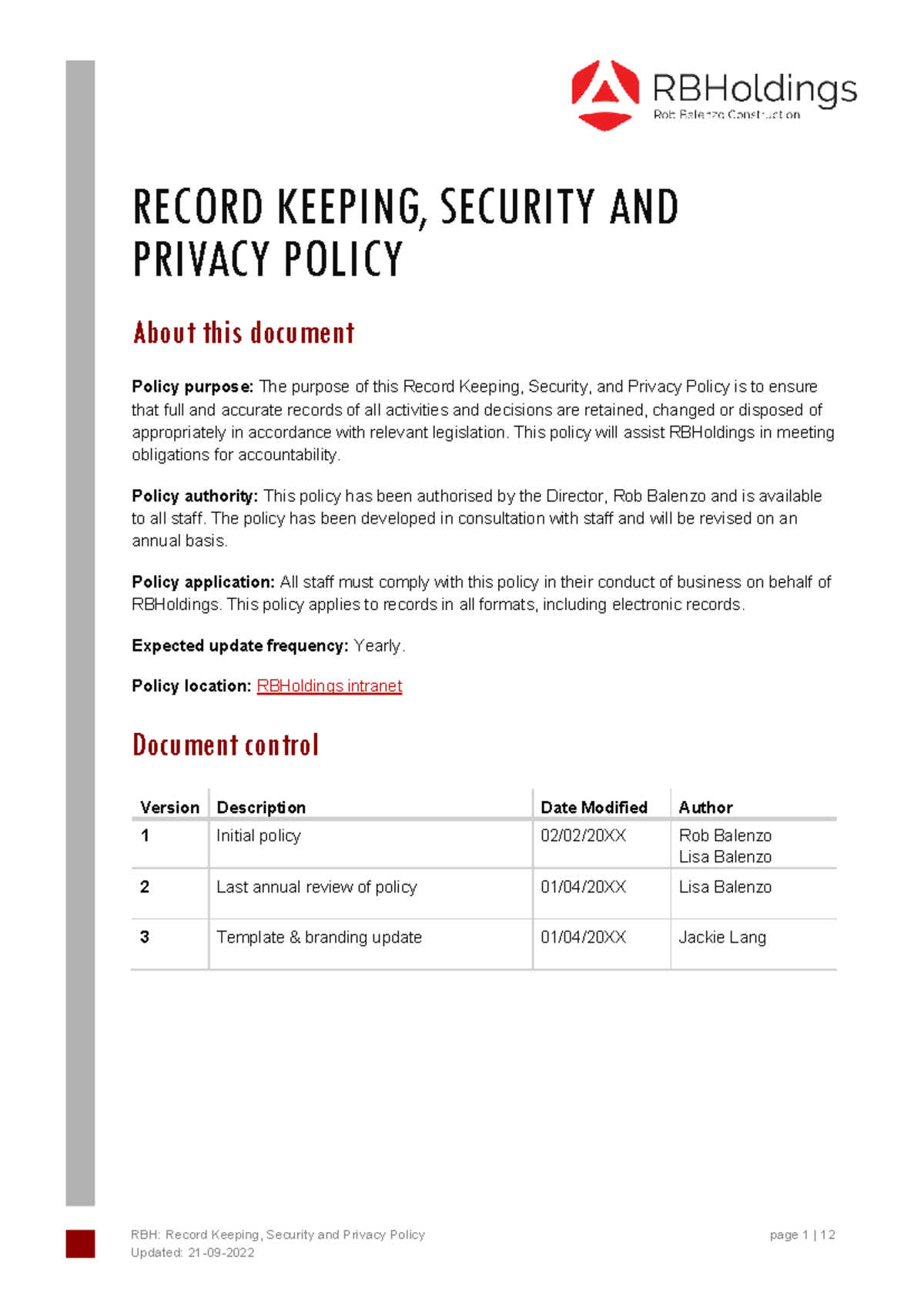 RBH: Record Keeping, Security & Privacy Policy Overview - Studocu