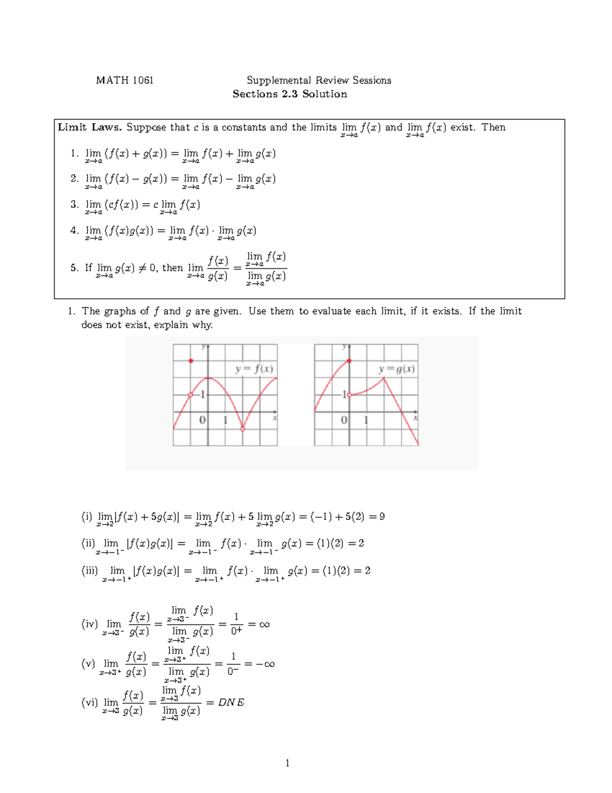 MATH 1061 SRS 2.3 Limit Laws Solutions and Evaluations - Studocu
