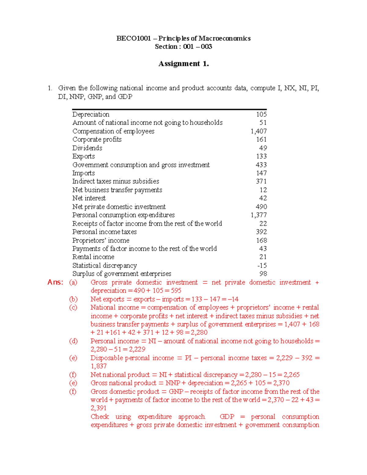 BECO1001 Assignment 1 Solutions for Principles of Macroeconomics - Studocu