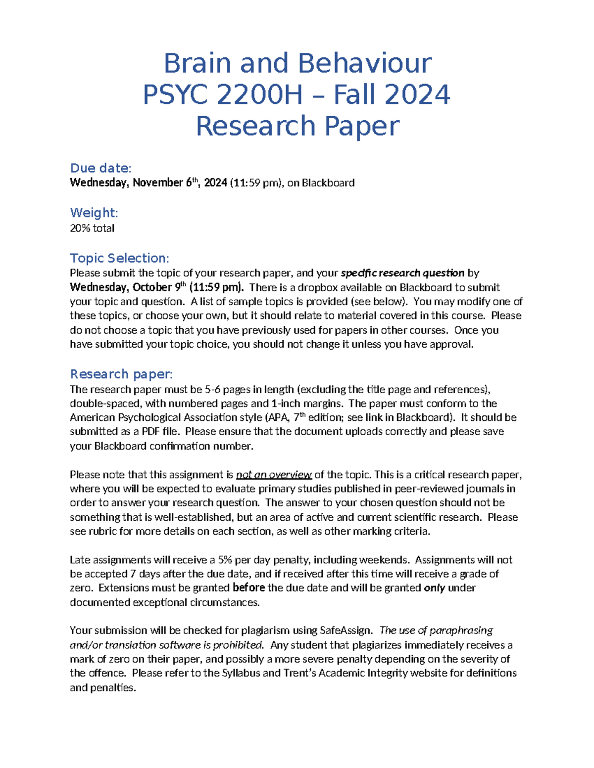 Reserach Paper PSYC 2200H 2024(2) - Brain and Behaviour PSYC 2200H ...