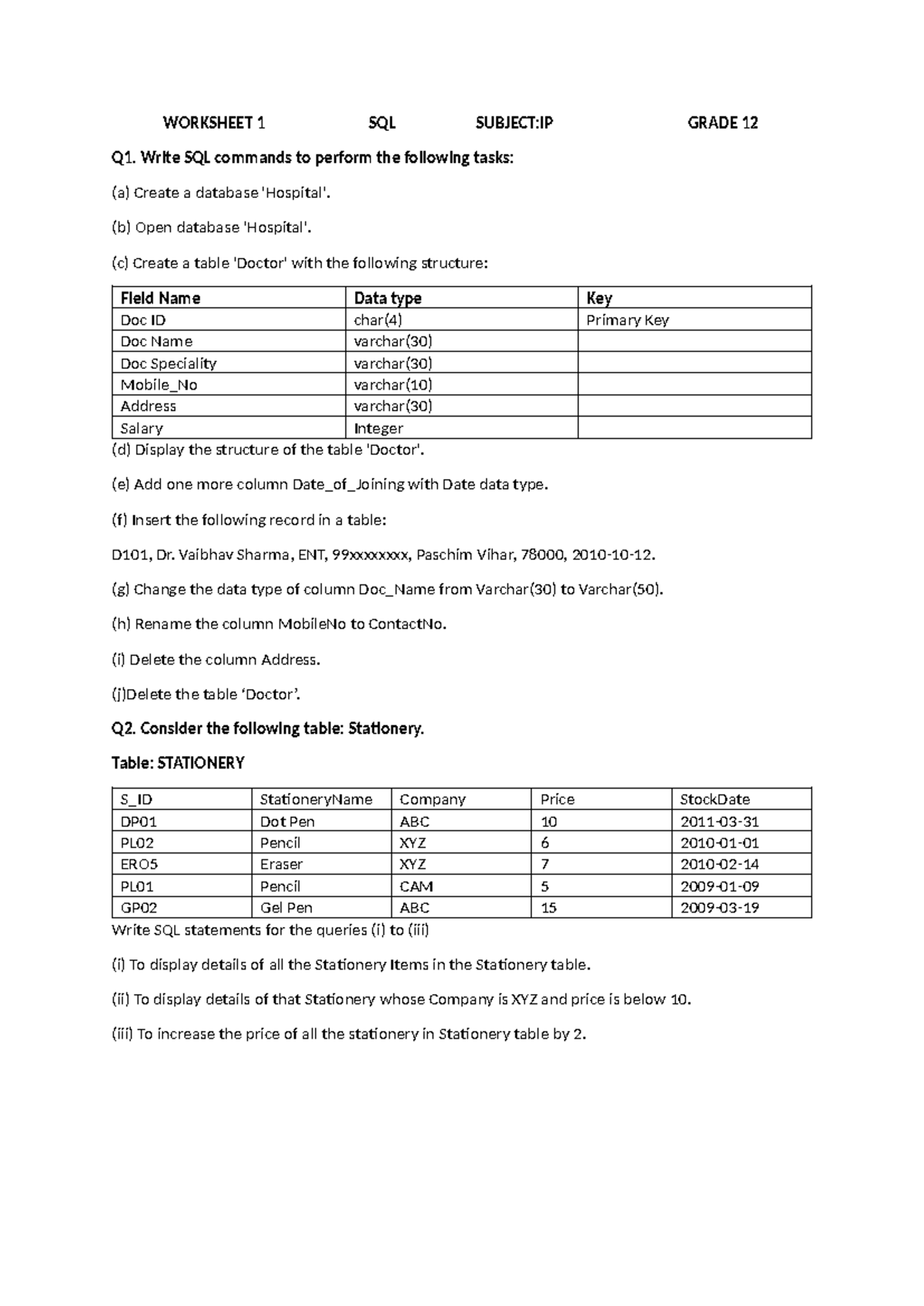SQL - Grade 12 Worksheet 1 on SQL Database Commands - Studocu