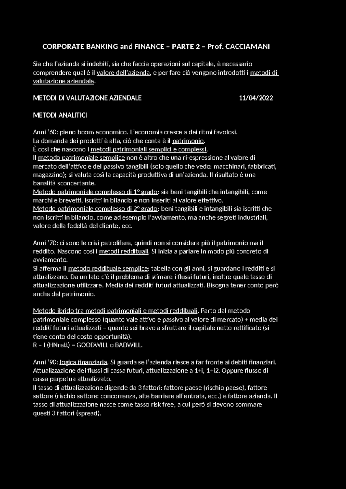 Corporate Banking & Finance - Parte 2 - Prof. Cacciamani Notes - Document Preview