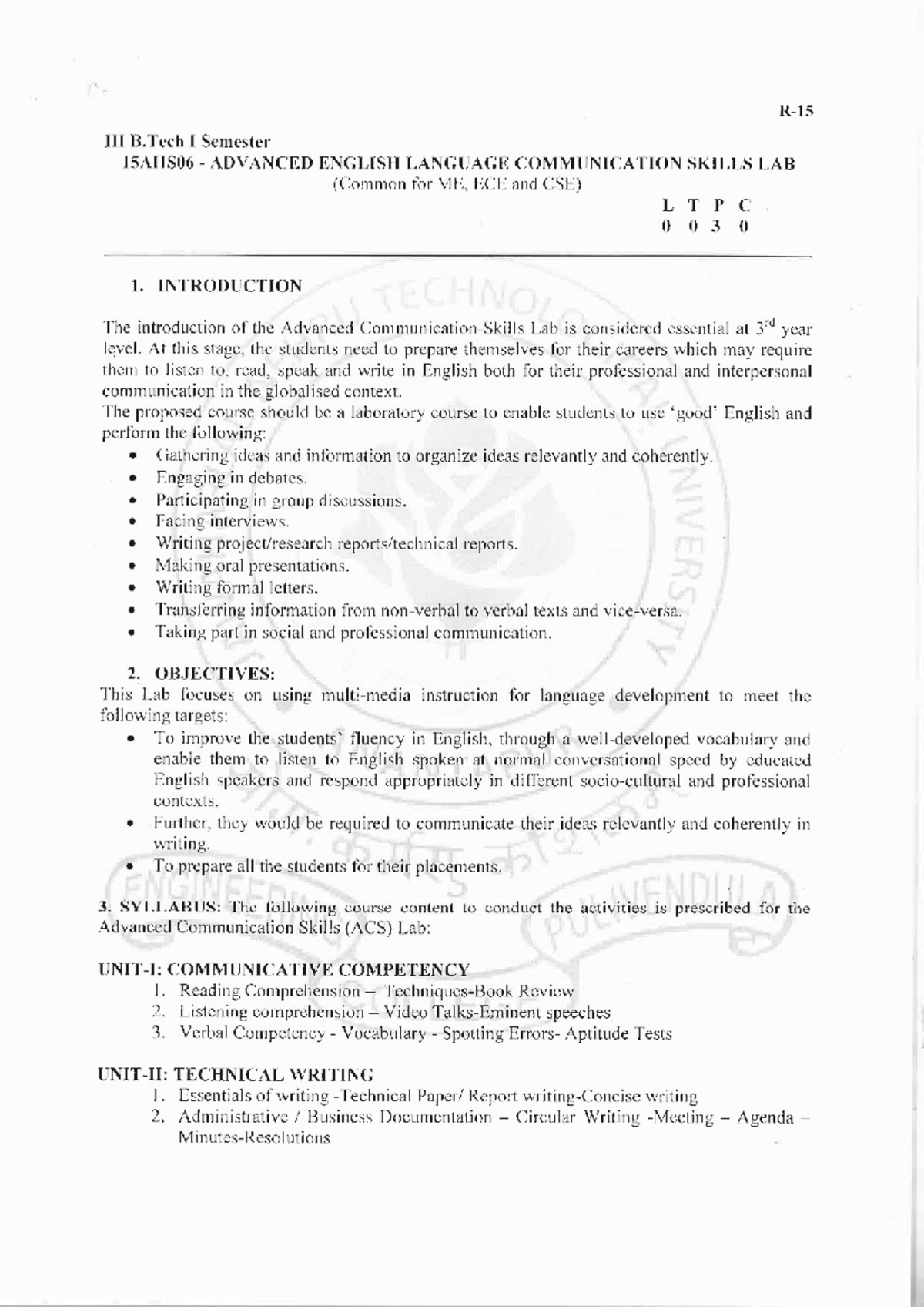 15AHS06 Advanced English Communication Skills Lab Overview and Syllabus ...