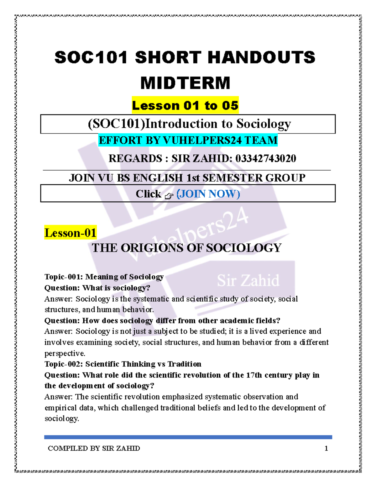 SOC101 Midterm Notes: Key Concepts in Sociology by Sir Zahid - Studocu