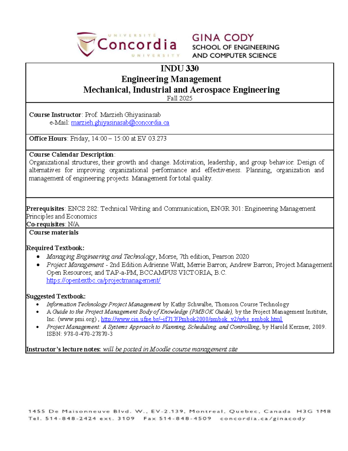 INDU 330 Engineering Management Course Outline - Fall 2025 - Studocu