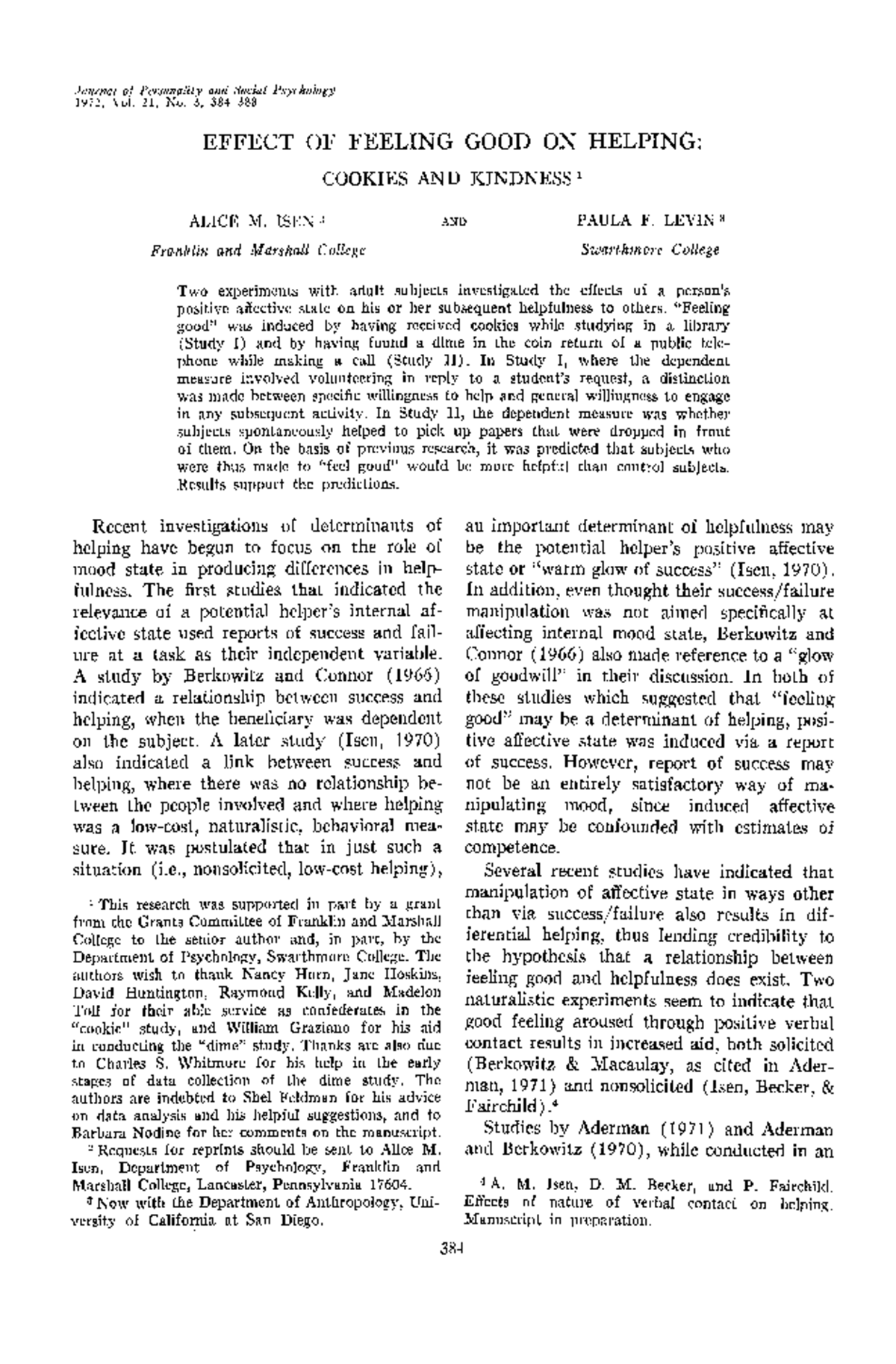 Isen & Levin 1972: Effect of Positive Mood on Helping Behavior - Studocu