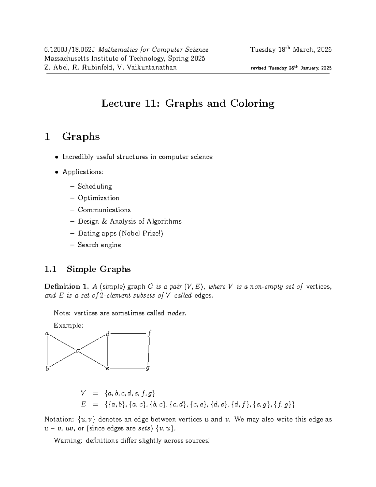 Lecture 11: Graphs & Coloring Insights (6.1200J Math for CS) - Studocu