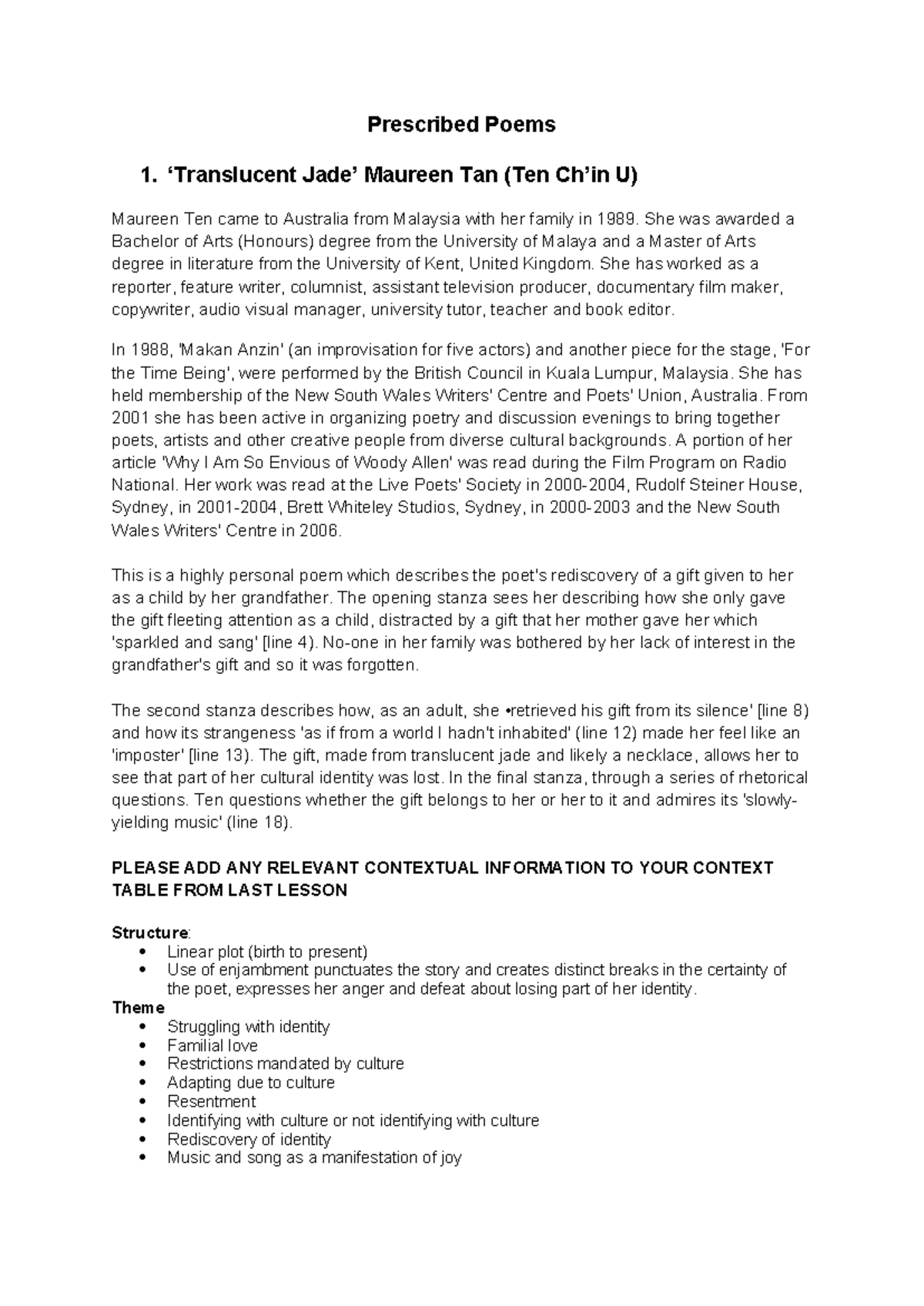Analysis of 'Translucent Jade' Poem - Week 2 Activities 2025 - Studocu