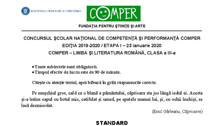 Subiecte Etapa 1 Comper 2020 Romana clasa 3 - FUNDAŢIA PENTRU ŞTIINŢE ...