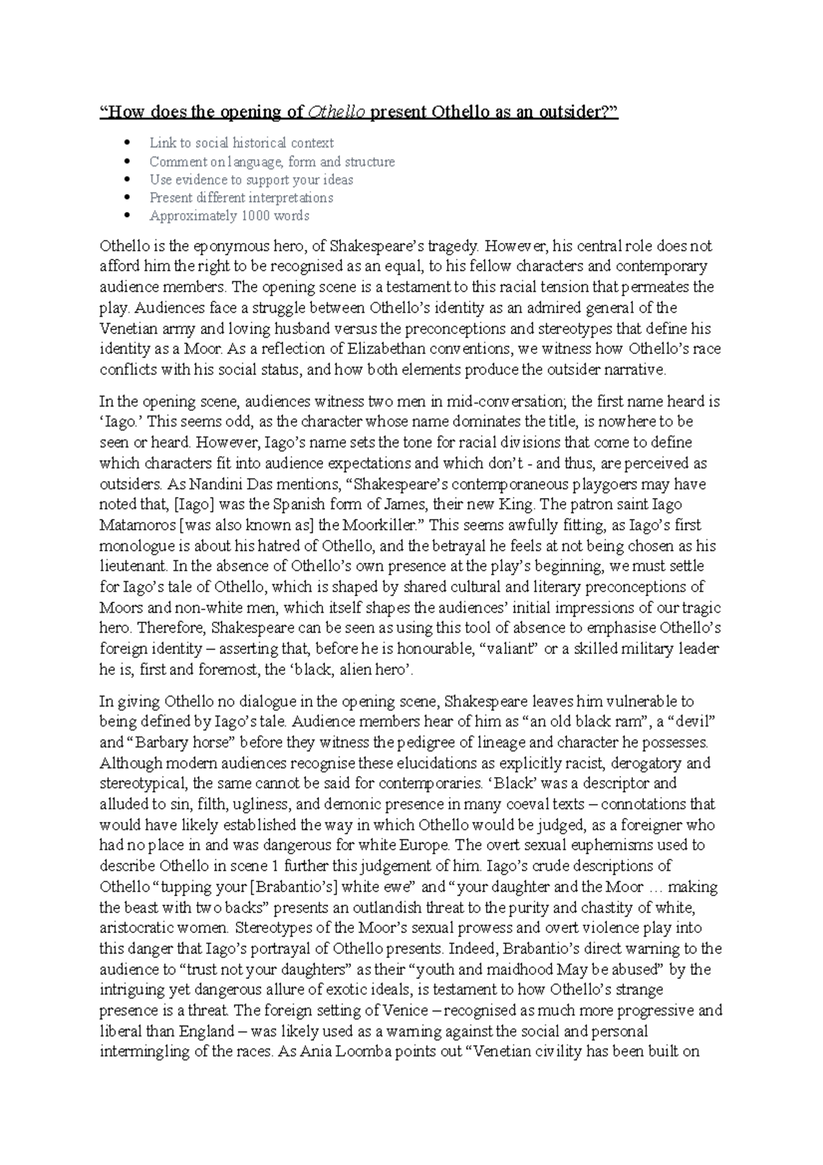 How does the opening of 'Othello' present the character of Othello as ...