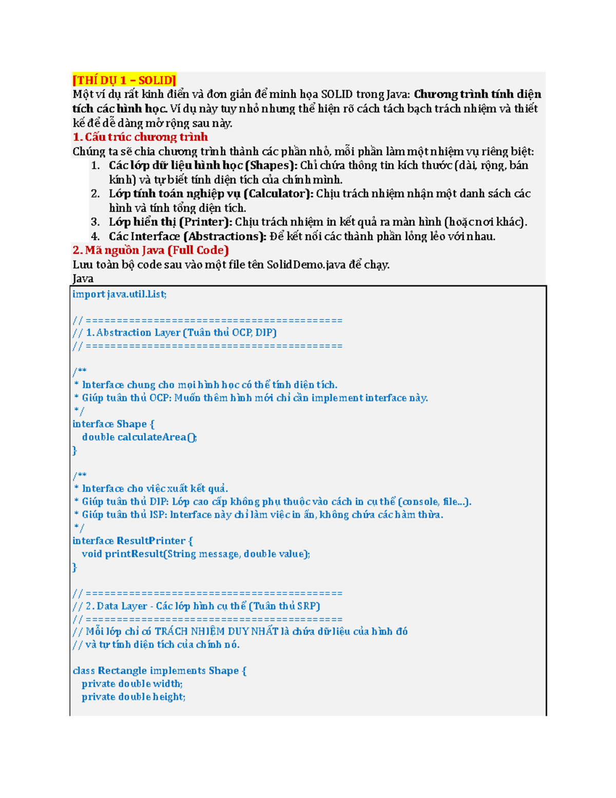SOLID Principles in Java: Area Calculation Example (DỤ 1) - Studocu