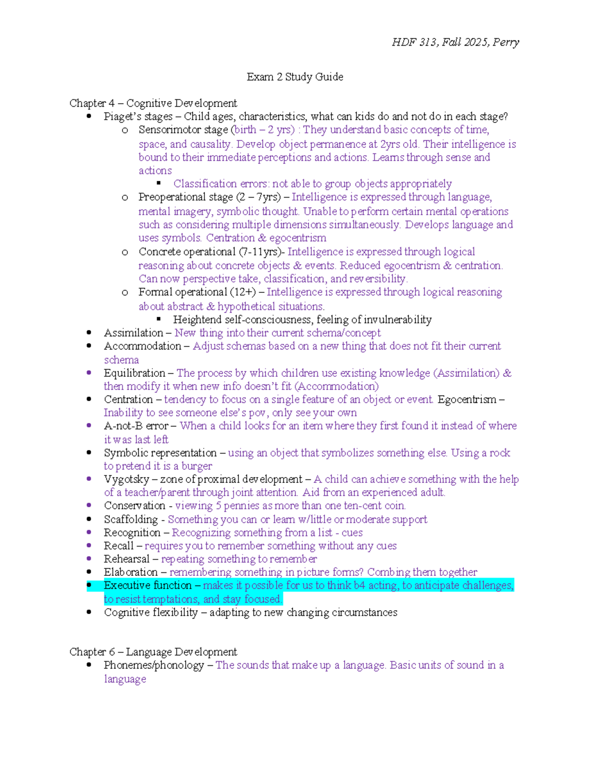 HDF 313, Fall 2025, Child Development Exam 2 Study Guide: Key Concepts ...