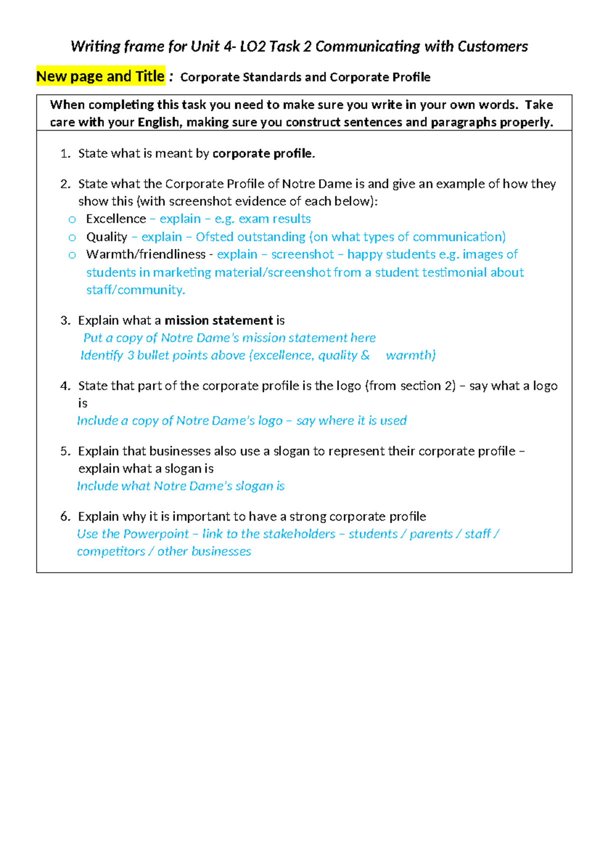 Writing Frame for Unit 4 LO2 Task 2: Corporate Profile & Standards ...