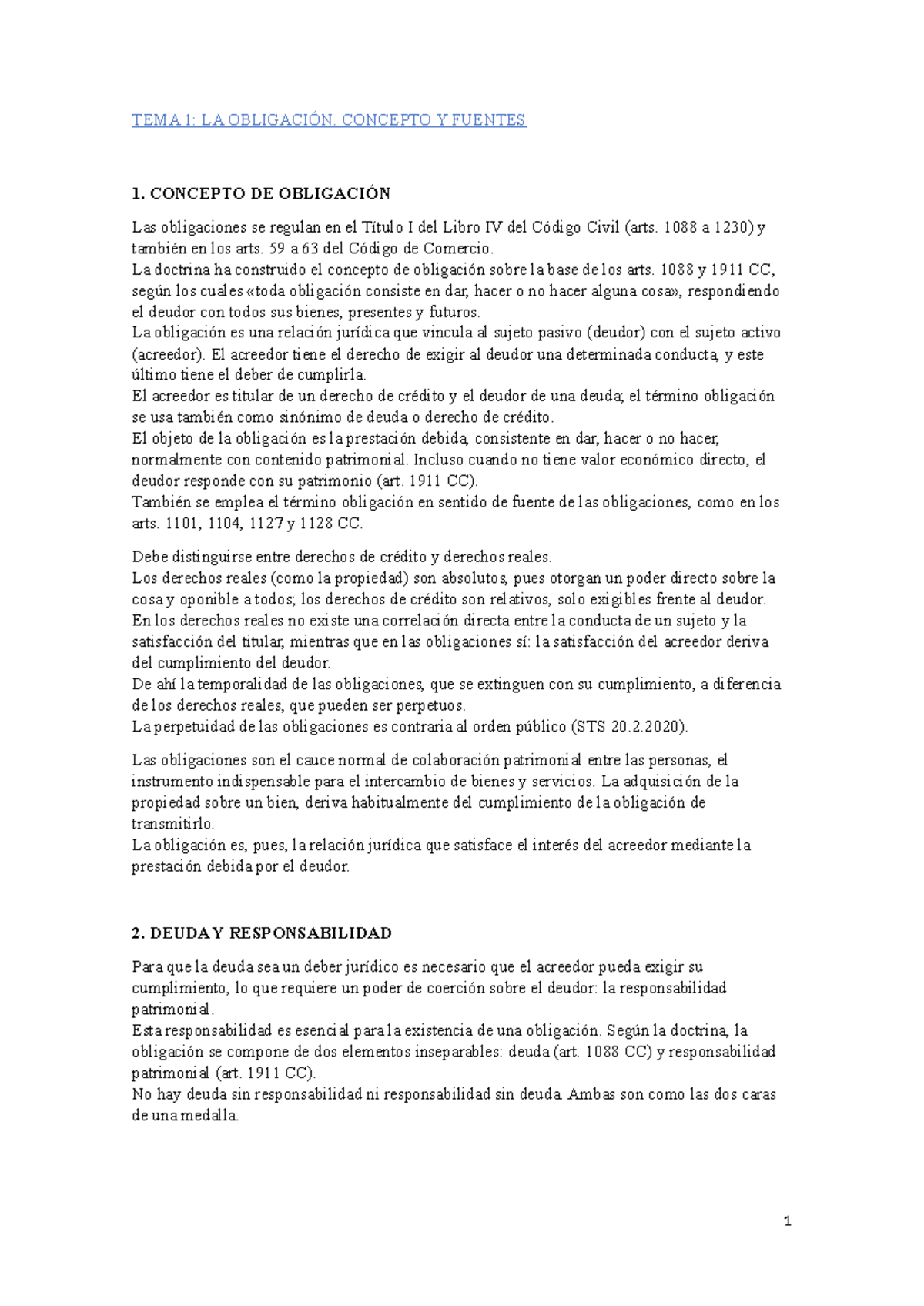 Civil - TEMA 1: La Obligación, Concepto y Fuentes para Examen - Studocu
